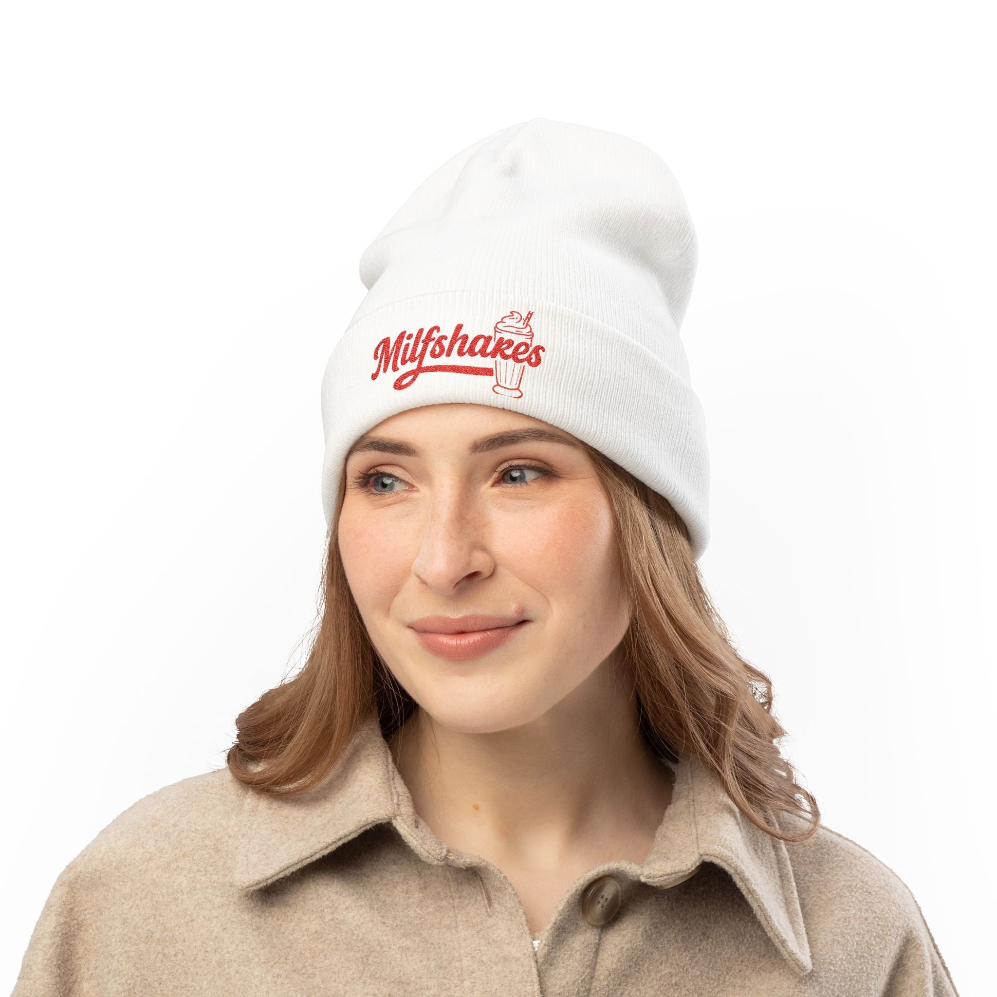 Funny "Milfshakes" Embroidered Knit Beanie — Cozy Cool Mom Winter Hat - Wabi Sabi